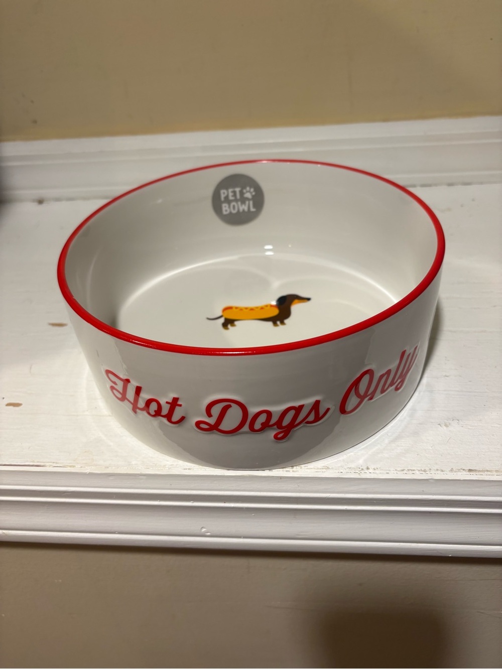 Hot Dogs Only Ceramic Dog Bowl in White with Red Trim